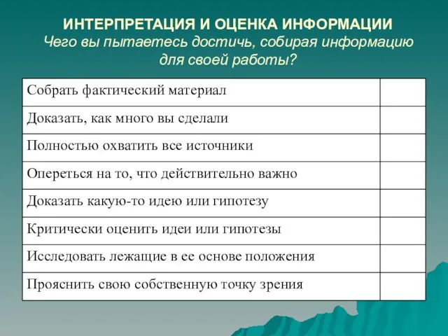 ИНТЕРПРЕТАЦИЯ И ОЦЕНКА ИНФОРМАЦИИ Чего вы пытаетесь достичь, собирая информацию для своей работы?