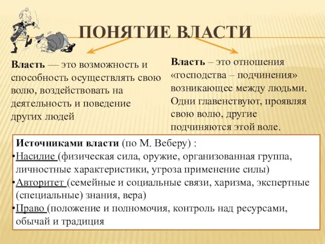 ПОНЯТИЕ ВЛАСТИ Власть — это возможность и способность осуществлять свою волю,