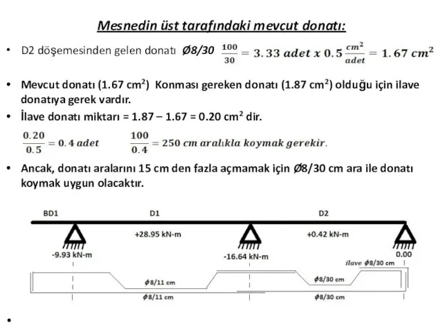 Mesnedin üst tarafındaki mevcut donatı: D2 döşemesinden gelen donatı Ø8/30 Mevcut