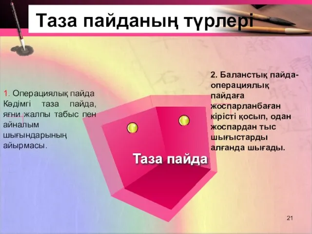 Таза пайданың түрлері Таза пайда 2. Баланстық пайда- операциялық пайдаға жоспарланбаған