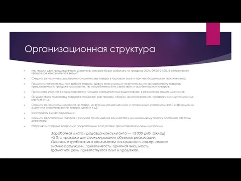 Организационная структура Мы нашли двух продавцов-консультантов, которые будут работать по графику