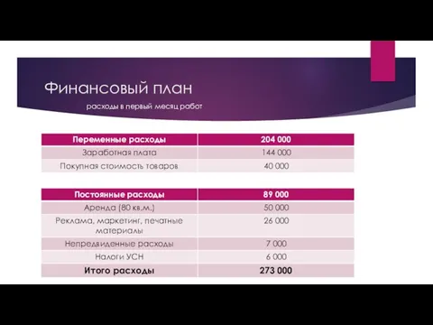 Финансовый план расходы в первый месяц работ