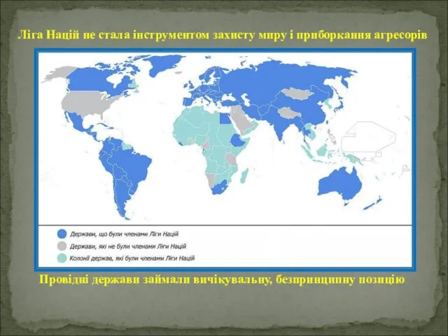 Ліга Націй не стала інструментом захисту миру і приборкання агресорів Провідні держави займали вичікувальну, безпринципну позицію