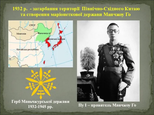 1932 р. - загарбання території Північно-Східного Китаю та створення маріонеткової держави