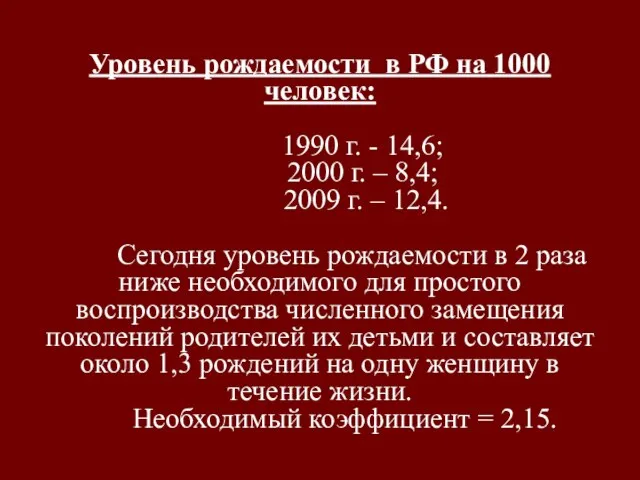 Уровень рождаемости в РФ на 1000 человек: 1990 г. - 14,6;