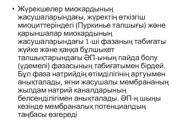 Жүрекшелер миокардының жасушаларындағы, жүректің өткізгіш миоциттеріндегі (Пуркинье талшығы) және қарыншалар миокардының