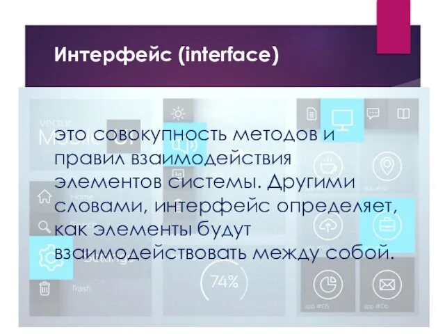 Интерфейс (interface) это совокупность методов и правил взаимодействия элементов системы. Другими