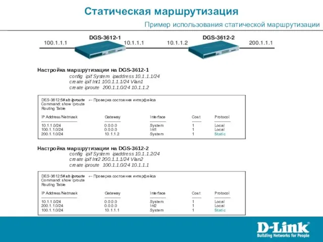 Статическая маршрутизация Пример использования статической маршрутизации Настройка маршрутизации на DGS-3612-1 config