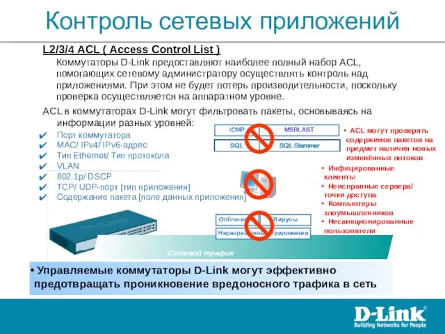 Контроль сетевых приложений ACL в коммутаторах D-Link могут фильтровать пакеты, основываясь