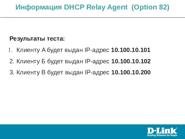 Результаты теста: Клиенту A будет выдан IP-адрес 10.100.10.101 2. Клиенту Б