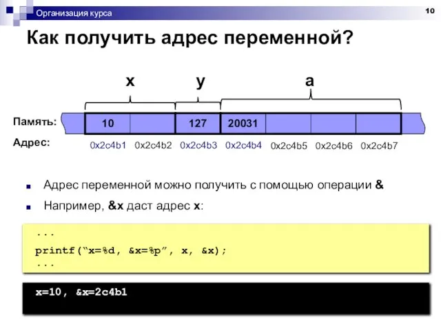 Организация курса Как получить адрес переменной? Адрес переменной можно получить с