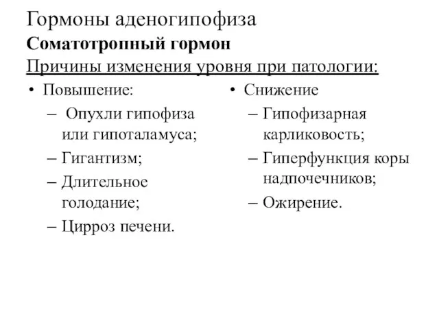 Гормоны аденогипофиза Соматотропный гормон Причины изменения уровня при патологии: Повышение: Опухли