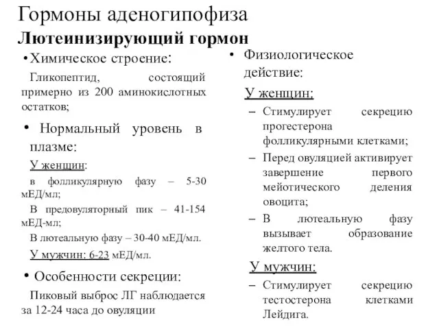 Гормоны аденогипофиза Лютеинизирующий гормон Химическое строение: Гликопептид, состоящий примерно из 200