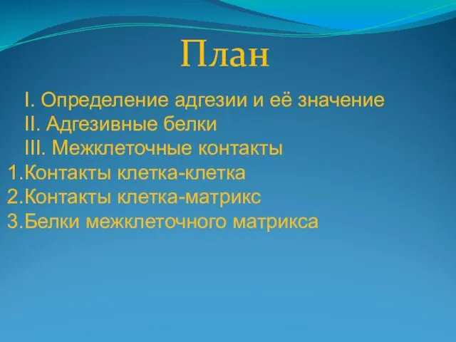 План I. Определение адгезии и её значение II. Адгезивные белки III.