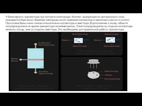 У биполярного транзистора три контакта (электрода). Контакт, выходящий из центрального слоя,