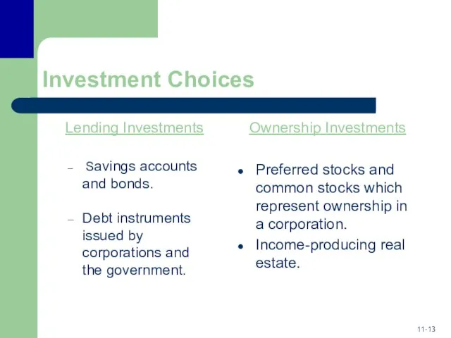 Investment Choices Lending Investments Savings accounts and bonds. Debt instruments issued