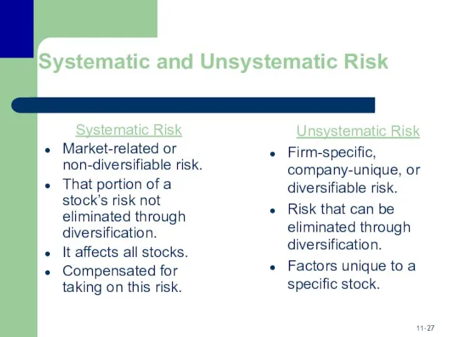 Systematic and Unsystematic Risk Systematic Risk Market-related or non-diversifiable risk. That