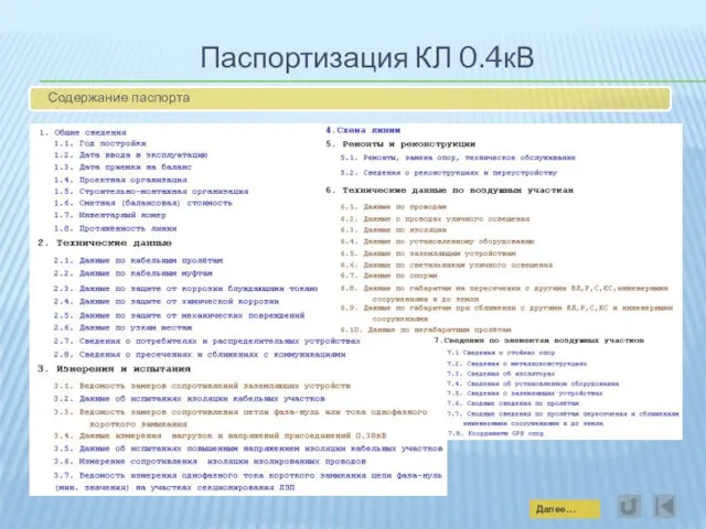 Паспортизация КЛ 0.4кВ Содержание паспорта Далее…