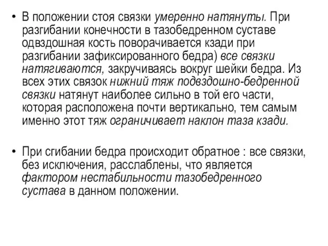 В положении стоя связки умеренно натяну­ты. При разгибании конечности в тазобедренном