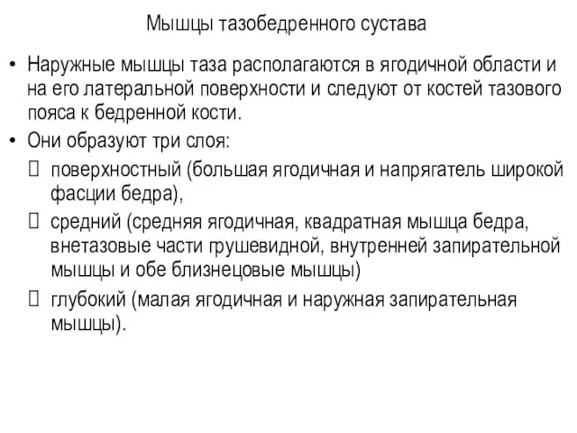 Мышцы тазобедренного сустава Наружные мышцы таза располагаются в ягодичной области и