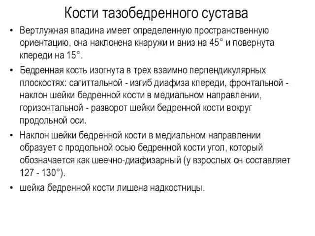 Кости тазобедренного сустава Вертлужная впадина имеет определенную пространственную ориентацию, она наклонена