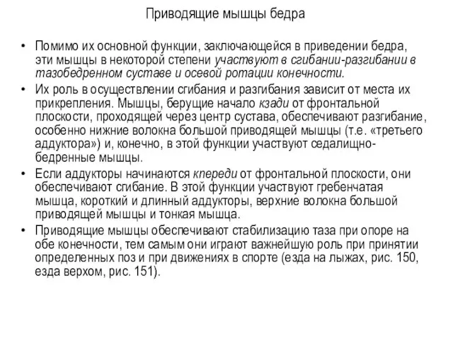 Приводящие мышцы бедра Помимо их основной функции, заключающейся в приведении бедра,