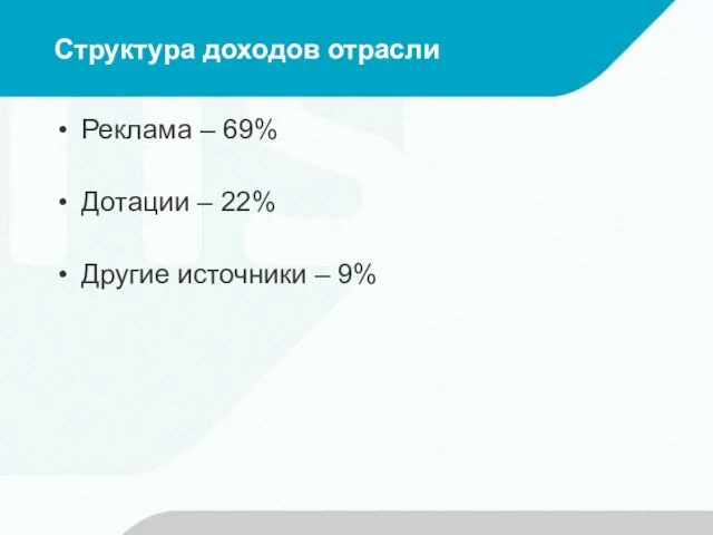 Структура доходов отрасли Реклама – 69% Дотации – 22% Другие источники – 9%