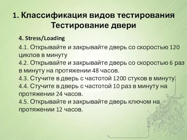 1. Классификация видов тестирования Тестирование двери 4. Stress/Loading 4.1. Открывайте и