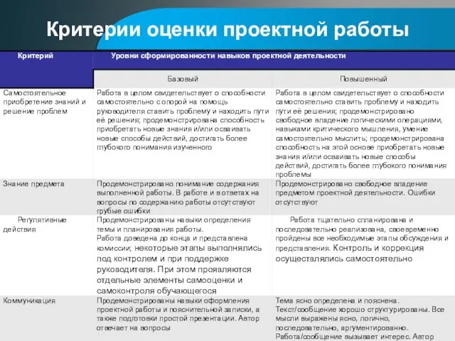 Критерии оценки проектной работы