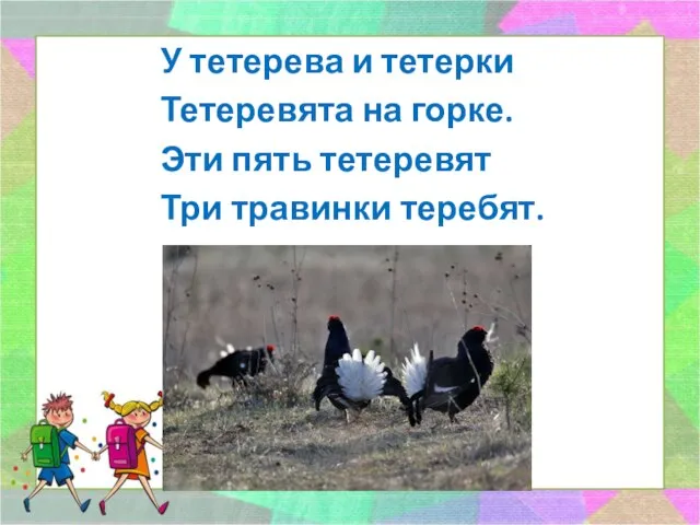 У тетерева и тетерки Тетеревята на горке. Эти пять тетеревят Три травинки теребят.