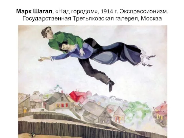 Марк Шагал, «Над городом», 1914 г. Экспрессионизм. Государственная Третьяковская галерея, Москва