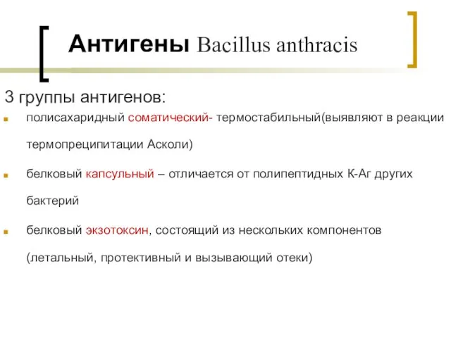 Антигены Bacillus anthracis 3 группы антигенов: полисахаридный соматический- термостабильный(выявляют в реакции