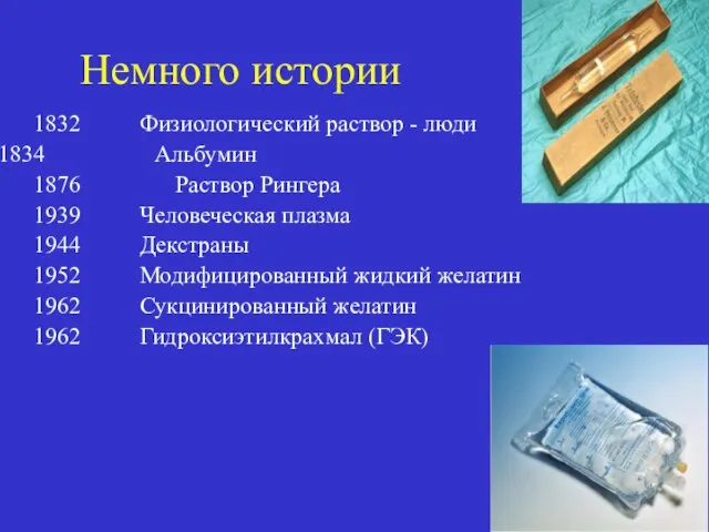 Немного истории 1832 Физиологический раствор - люди Альбумин 1876 Раствор Рингера