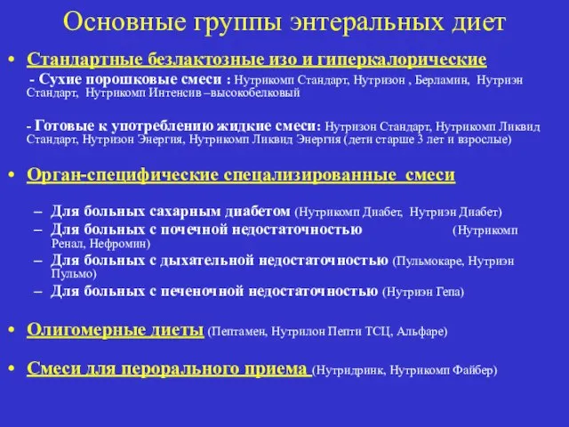 Основные группы энтеральных диет Стандартные безлактозные изо и гиперкалорические - Сухие