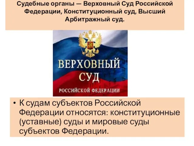 Судебные органы — Верховный Суд Российской Федерации, Конституционный суд, Высший Арбитражный