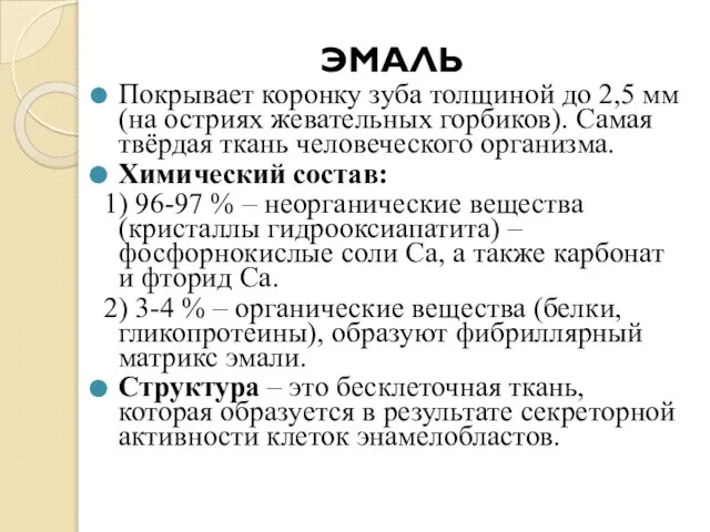 ЭМАЛЬ Покрывает коронку зуба толщиной до 2,5 мм (на остриях жевательных