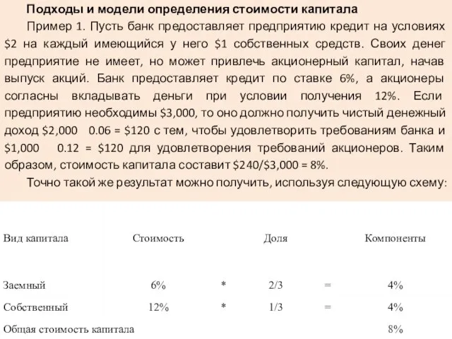 Подходы и модели определения стоимости капитала Пример 1. Пусть банк предоставляет