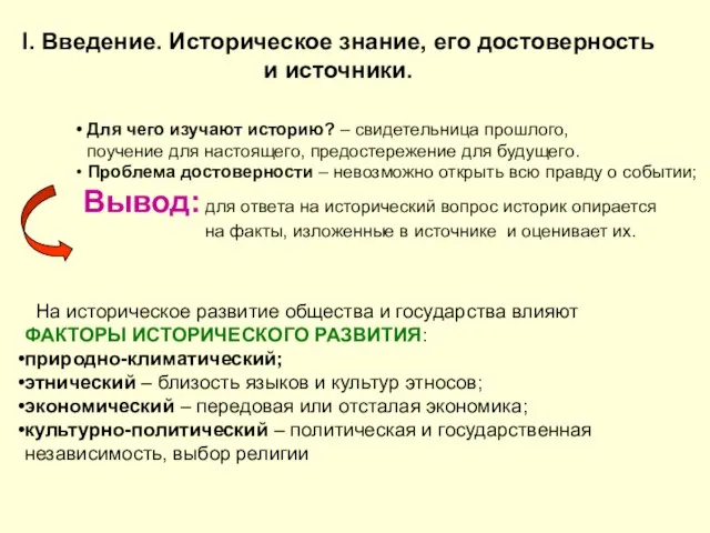 I. Введение. Историческое знание, его достоверность и источники. Для чего изучают