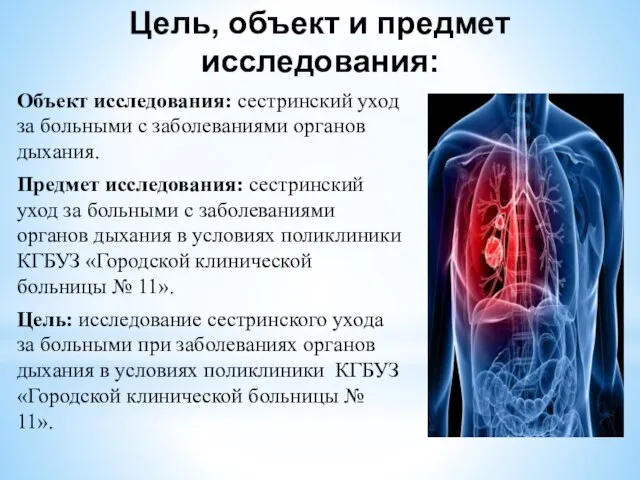 Объект исследования: сестринский уход за больными с заболеваниями органов дыхания. Предмет