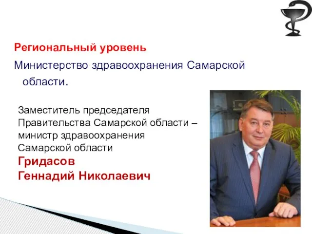 Региональный уровень Министерство здравоохранения Самарской области. Заместитель председателя Правительства Самарской области