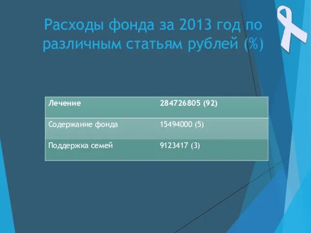 Расходы фонда за 2013 год по различным статьям рублей (%)