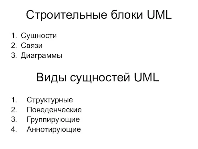 Строительные блоки UML Сущности Связи Диаграммы Виды сущностей UML Структурные Поведенческие Группирующие Аннотирующие
