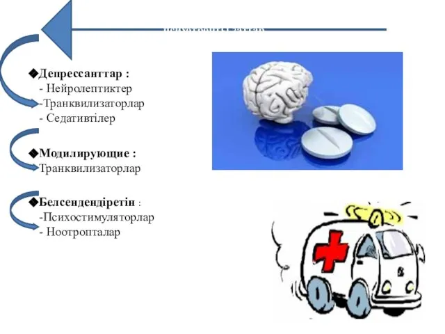 Модилирующие : Транквилизаторлар Депрессанттар : - Нейролептиктер -Транквилизаторлар - Седативтілер Белсендендіретін