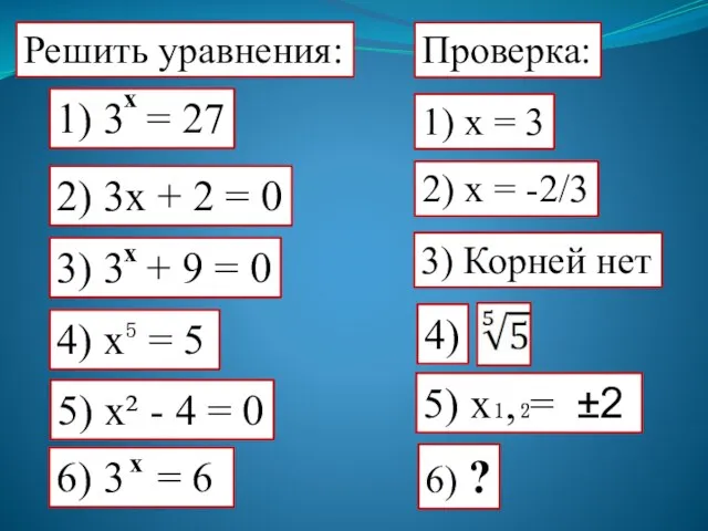 Решить уравнения: Проверка: 1) x = 3 2) x = -2/3