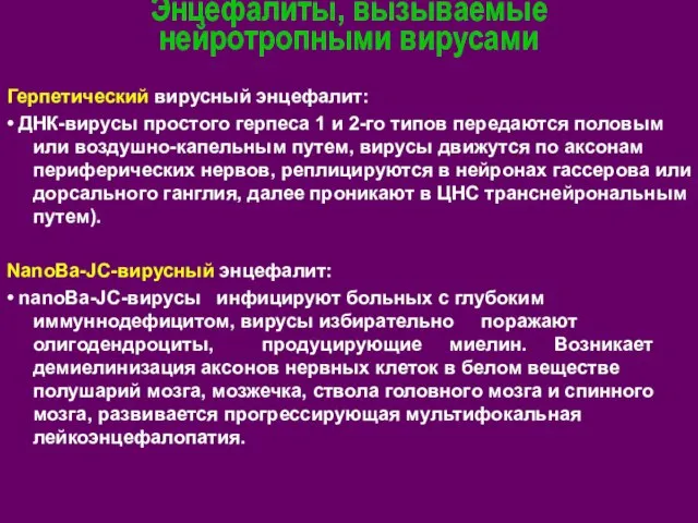 Энцефалиты, вызываемые нейротропными вирусами Герпетический вирусный энцефалит: • ДНК-вирусы простого герпеса