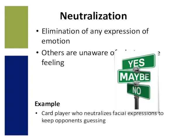 Neutralization Elimination of any expression of emotion Others are unaware of