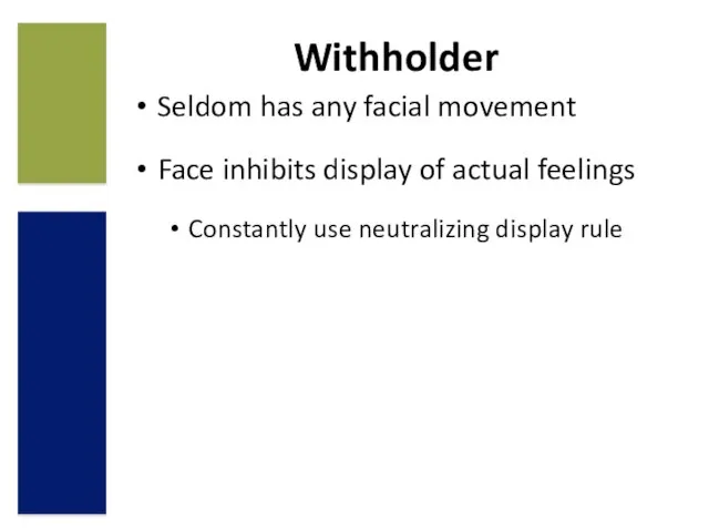 Seldom has any facial movement Face inhibits display of actual feelings