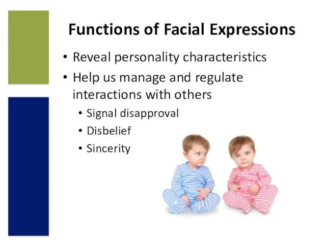 Functions of Facial Expressions Reveal personality characteristics Help us manage and