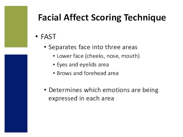 FAST Separates face into three areas Lower face (cheeks, nose, mouth)