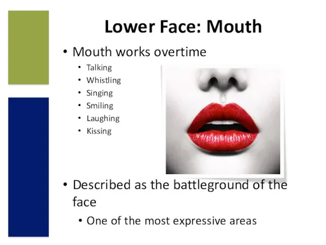 Lower Face: Mouth Mouth works overtime Talking Whistling Singing Smiling Laughing